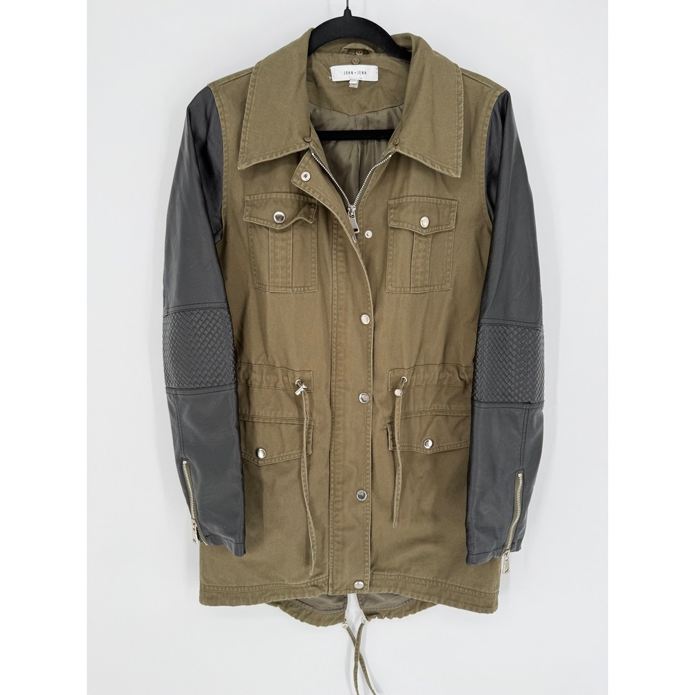JOHN + JENN MILITARY UTILITY JACKET MEDIUM OLIVE GREEN FAUX LEATHER SLEEVES